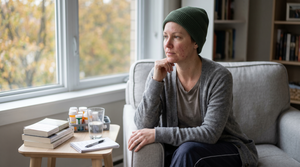 Person wearing a green beanie sits on a sofa, with a table of medication bottles, a glass of water, and notebooks nearby by a window