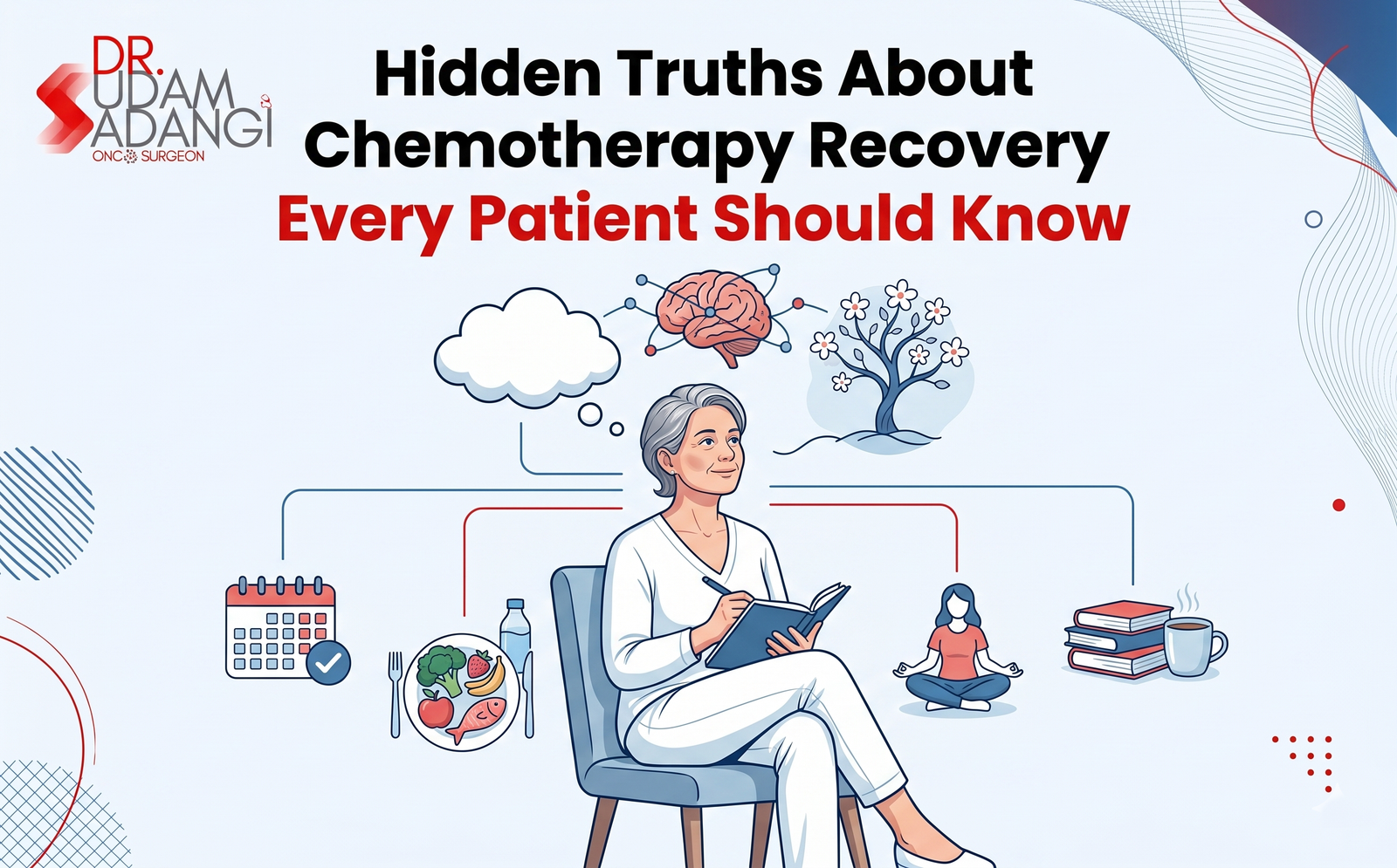 Illustration banner about chemotherapy recovery, showing a seated woman writing, brain and flowering-tree imagery, and the title 'Hidden Truths About Chemotherapy Recovery—Every Patient Should Know'.