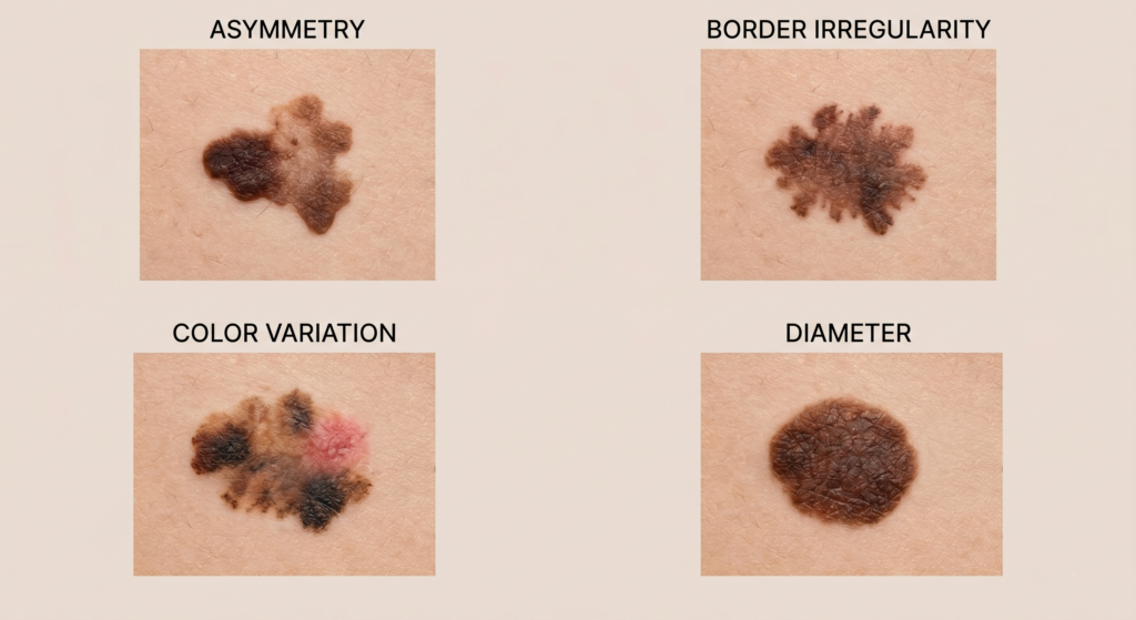 Infographic showing melanoma warning signs: Asymmetry, Border irregularity, Color variation, and Diameter.