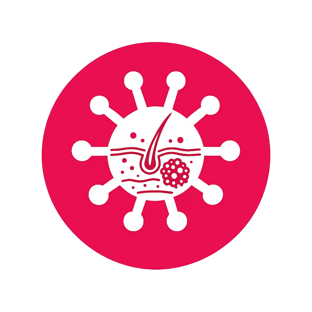 White stylized virus emblem on a pink circular badge, with spike-like protrusions radiating outward.