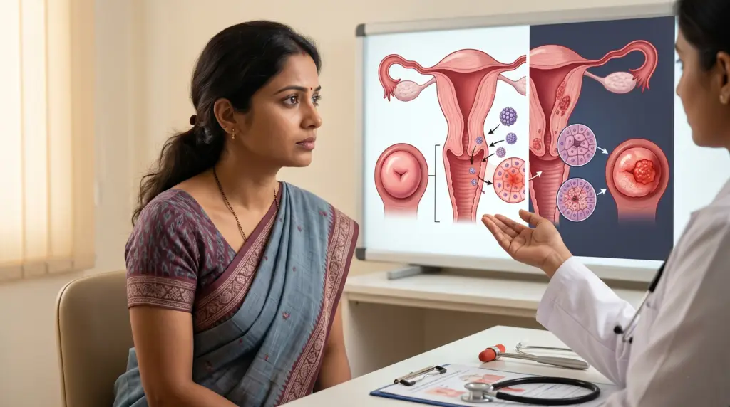 Doctor explains a large diagram of the uterus and ovaries to a patient in an exam room.