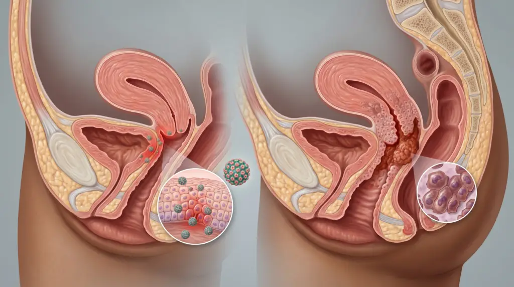Cross-sectional illustration of both breasts showing internal ducts, lobules, and cancerous lesions in the left breast.