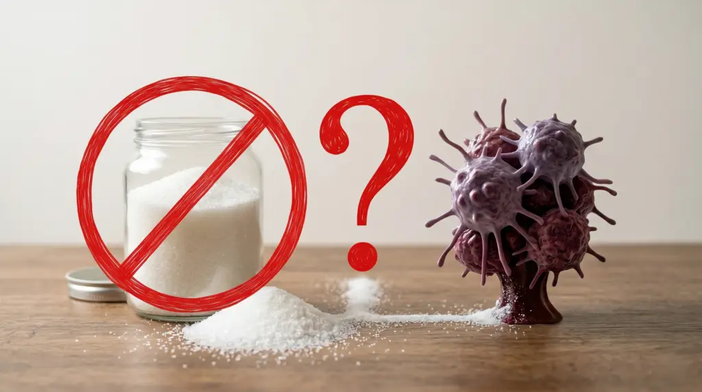 Sugar jar with a red 'no' symbol and a cancer cell cluster, illustrating 'no sugar for cancer' concept.