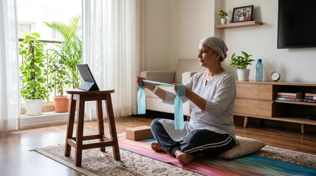 Woman in a striped top sits on a cushion on the floor, using a blue resistance band for a stretch at home.