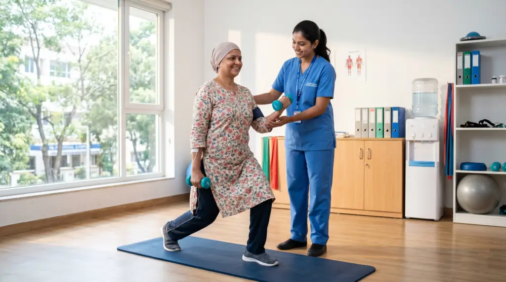 An older woman in a floral tunic performs a lunge with a light dumbbell while a healthcare worker in blue scrubs assists her in a clinic.