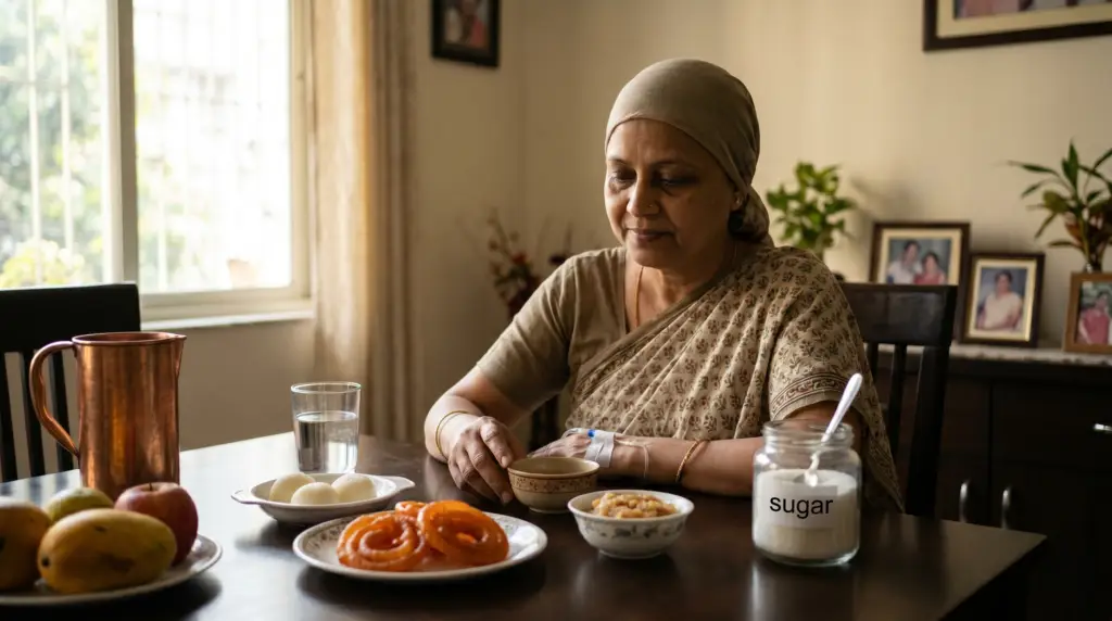 Older woman in a beige headscarf and patterned shawl sits at a dining table with tea and bowls of fruit and pastries.",