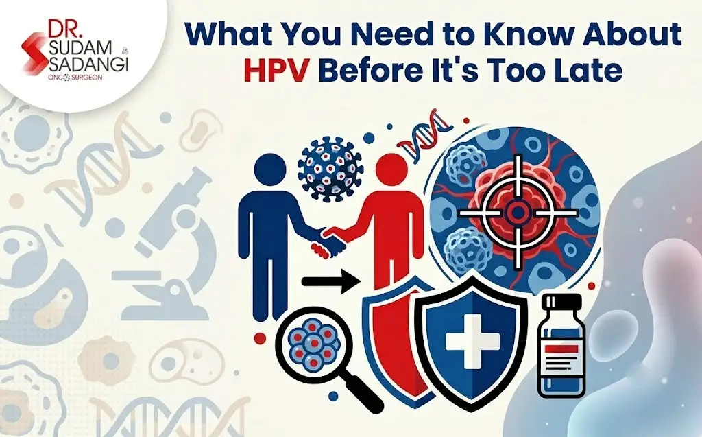 Banner about HPV awareness with the title 'What You Need to Know About HPV Before It's Too Late' and health icons (shield, first aid cross, vaccine bottle) for public education.
