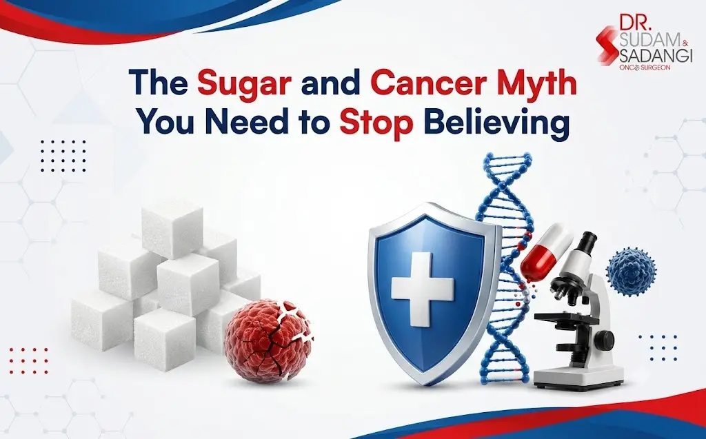 Banner debunking the sugar–cancer myth with sugar cubes, a red berry, a shield with cross, a DNA helix, and a microscope.